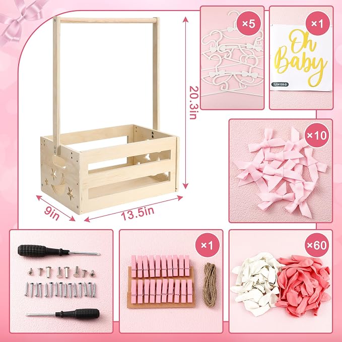 Wooden Baby Shower Crate Closet with Hanger Rack, Pink Bow Baby Gifts Basket with Balloon Accessories, DIY Babies Welcome Box for Pregnancy New Parent