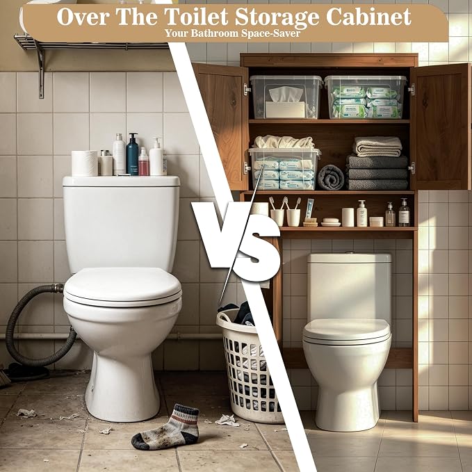 Over The Toilet Storage Cabinet Bathroom Shelf Over Toilet Bathroom Organizer Space Saver Rack with Adjustable Shelf (Chocolate, Rattan Style)