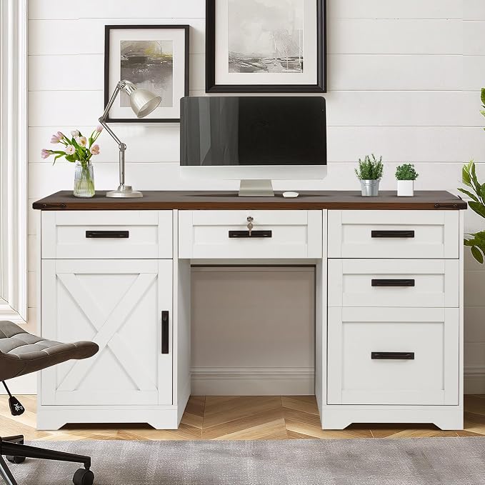 Grepatio 60" Farmhouse Executive Desk with Drawers, Wood Home Office Desk with Charging Station, Keyboard Tray, Computer Writing Desk with Filing Cabinet Drawers for Work Study, Antique White