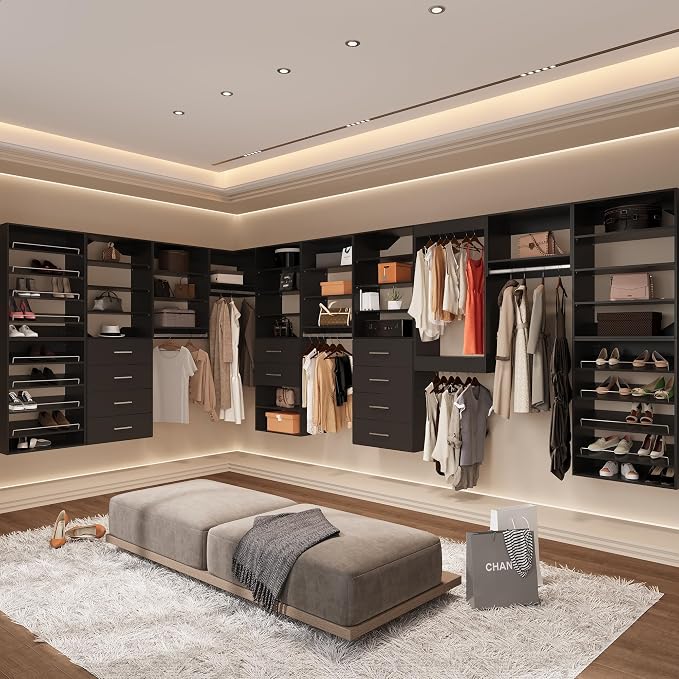 Modular Closet with Wood Tower Storage, 102" Wide Wardrobe Organizer for Walk-in Closets, Wall Mounted Black