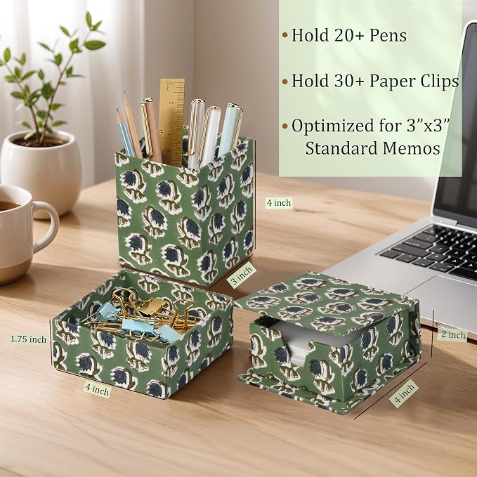 Ridhi Basil Green Block Print Handmade Office Desk Organizer Pen and Sticky Note accessories Holder Cute, Aesthetic, Decor workspace Caddy Gift for Office, Teachers, Professionals, Students