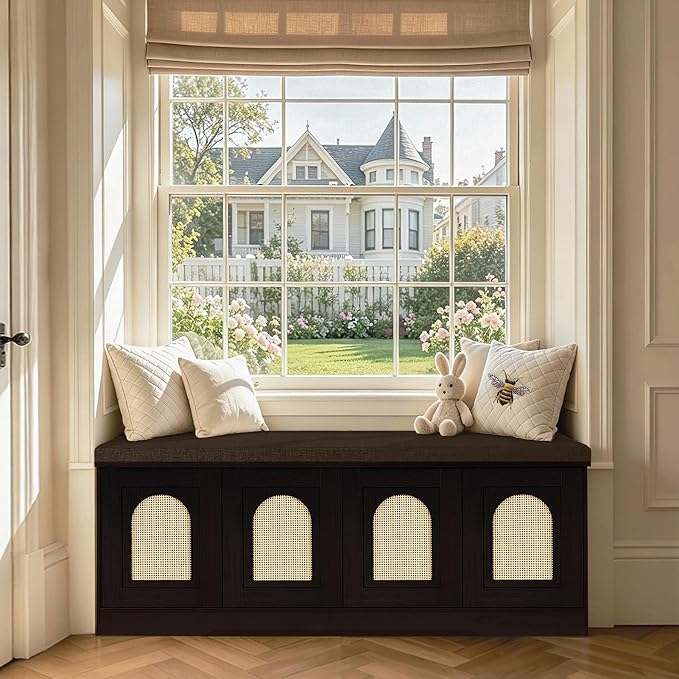DINZI LVJ Shoe Storage Bench with Cushion, Entryway Bench with Seat & Doors | 2-Tier Cabinet Bench Fits 8 Shoes, Adjustable Shelves for Boots, Easy Assembly, Farmhouse, Bedroom, 47.2"W, Rattan, Espresso