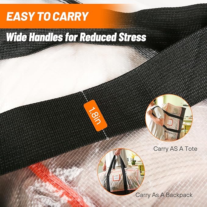 6 Pack Large Moving Bags, 115lb Capacity Heavy Duty Packing Bags with Internal Compression Straps, Storage Bag with Zippers and Strong Handles, Alternative to Moving Boxes -103L,Clear and Black