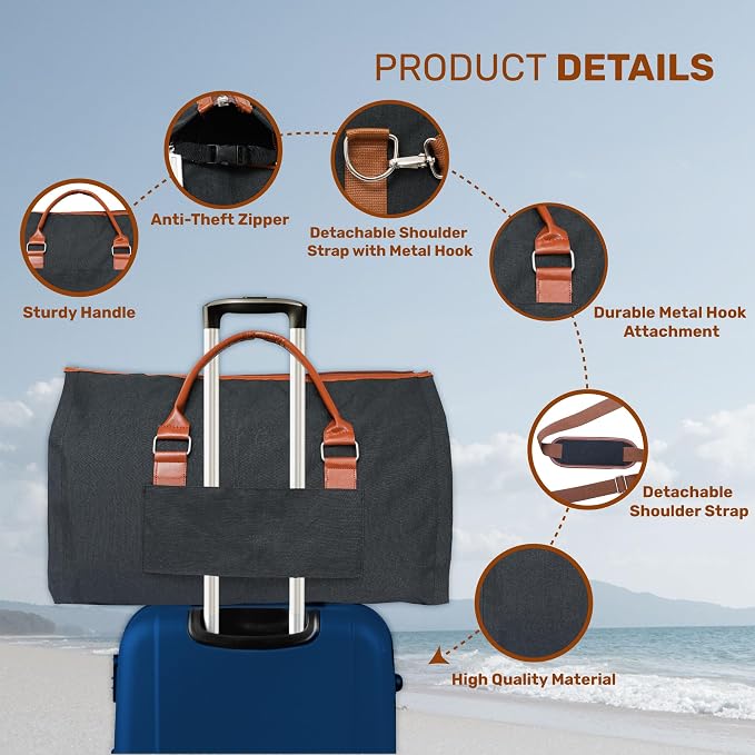 Convertible Garment Duffel Bag for Travel, Large Carry On Weekender Bag with Hanging Clothes Feature, Overnight Travel Duffle Bag for Women with Shoe Compartment (Black)