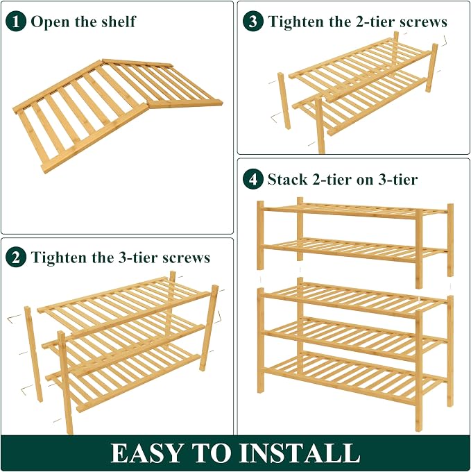 Smiry Bamboo Shoe Rack for Closet, 5 Tier Wooden Shoe Organizer, Stackable Wood Shoe Storage Shelf for Entryway, 14 Vertical Slats, 2+3 Stack Heavy-Duty Legs, 26.77"x11.02"x31.3", Natural