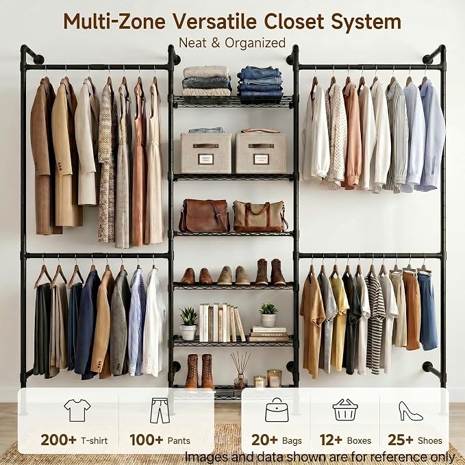 F3 Wall Mounted Closet System, Industrial Pipe Clothing Rack for Hanging Clothes, Heavy Duty Closet Organizer System, Clothes Racks with Shelves & Expandable Rod for Wardrobe, Corner, Black
