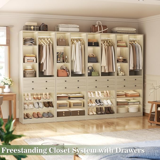 Besiost Closet System, 111"/9.3 FT Closet Organizer System with 8 Drawers and Shelves, Can Fit 120"/10FT Walk-in Closets Systems, Free Standing Reach in Closet Tower, Load 2400+LBS, Greige 4 Pack