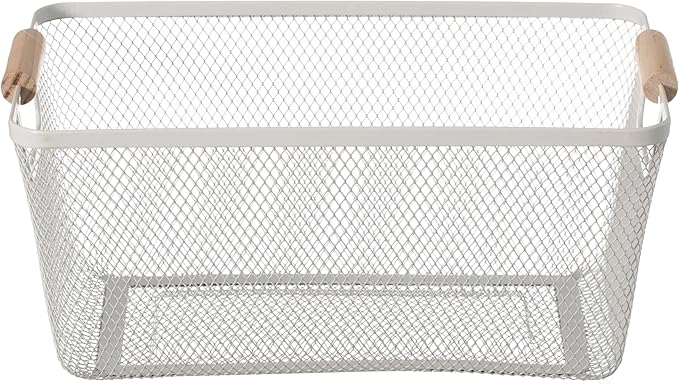 Basicwise Multipurpose Metal Mesh Basket with Wooden Handle Storage Organizer for Kitchen Pantry Bathroom Cabinet Closet Countertop Fruit Holder Picnic Food and Beverages Carrier and Home Decor, Large