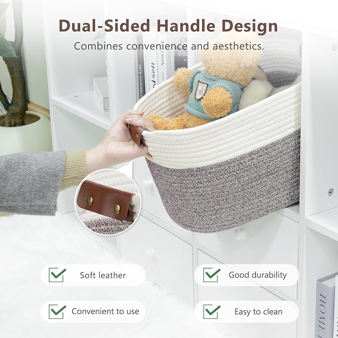 ECDYQXVU 15x10x9 Woven Cotton Rope Storage Basket, Leather Handles 1 Pack | Foldable Design, Sturdy PU Handles, Easy to Clean Organizer for Living Room, Closet, Shelves, Bedroom, Laundry, Clothes