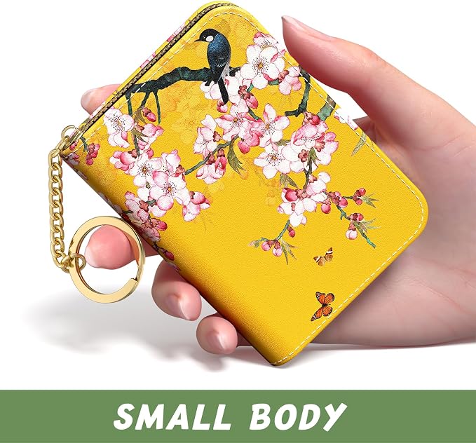 Aiawoxc Credit Card Holder, Small RFID Wallet Slim Leather Card Organizer Case with Zipper and Keychain, Beauty Flowers