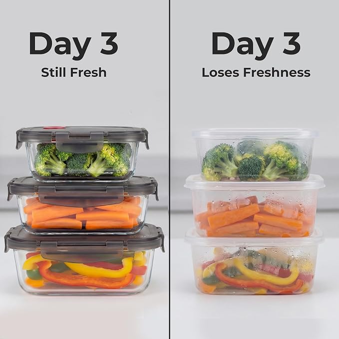 Borosilicate Glass Airtight Food Storage Containers with Vented Lids, Assorted Set of 6 (3 Rectangular & 3 Square)