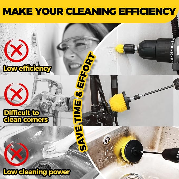 Holikme 5Pack Drill Brush Attachment Set，Power Scrubber Brush Extended Long Attachment for Bathroom Surfaces, Grout, Floors, bathtubs, Showers, Tiles, Kitchens and Cars，Yellow | 4 nylon scrub brushes,yellow,Power scrubber kit for Bathroom Surfaces, Gro...