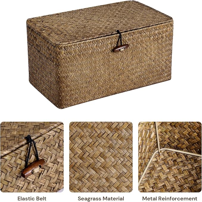 Natural Seagrass Storage Baskets with Lid,Multipurpose Home Organizer Bins Boxes for Shelf Organizer,Decorative Storage Bins- 12'' x 7'' x 6''