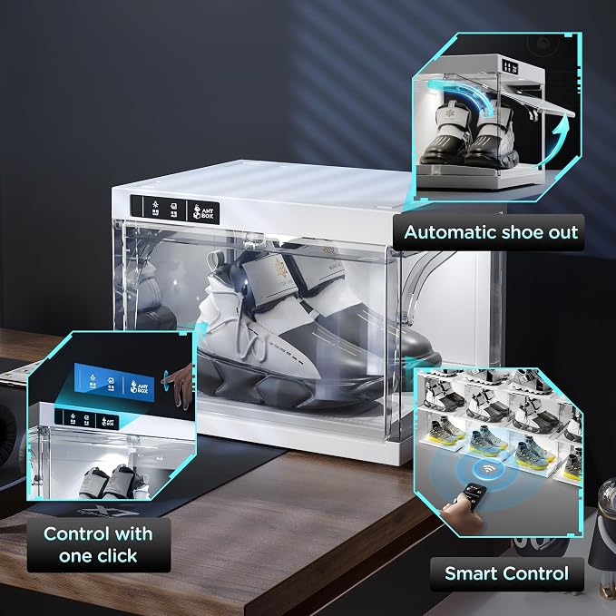 ANTBOX Shoe Organizer LED Smart Control,Auto-Shoe Boxes Clear Plastic Stackable for Sneaker Display Case and Collection Crate,Auto-Opening Shoe Storage Box (4pack) White