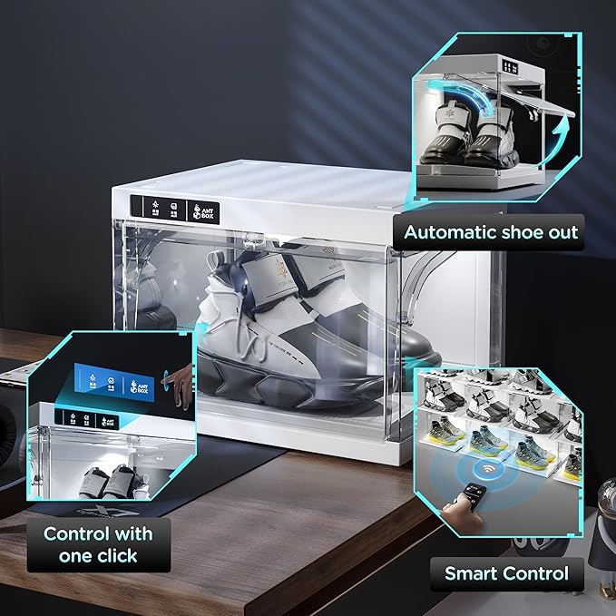 ANTBOX Shoe Organizer LED Smart Control,Auto-Shoe Boxes Clear Plastic Stackable for Sneaker Display Case and Collection Crate,Auto-Opening Shoe Storage Box (1pack) White