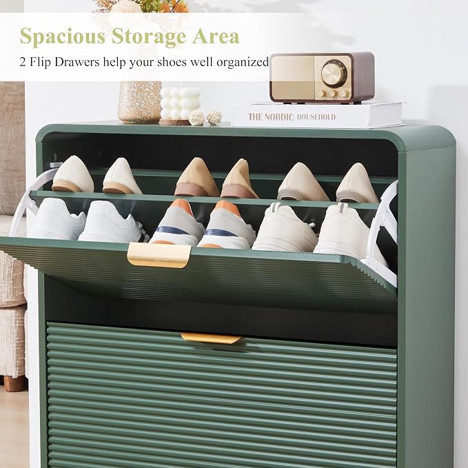 RARZOE Fluted Shoe Cabinet Storage for Entryway, 29.5'' Green | Curved Shoes Storage Cabinet with 2 Flip Drawers, Narrow Hidden Shoe Organizer Shoe Rack For Bedroom, Foyer, Hallway