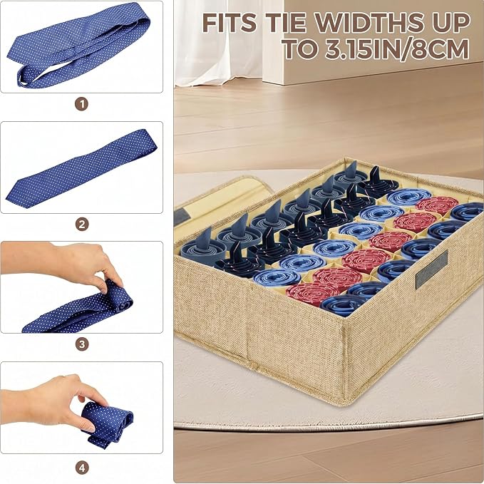 PINGMIC Beige Sock Organizer Divider 2 Pack with Lid - 30 Cell Foldable Closet Storage, Tie Organizer For Men Boxes for Socks, Ties, Belts