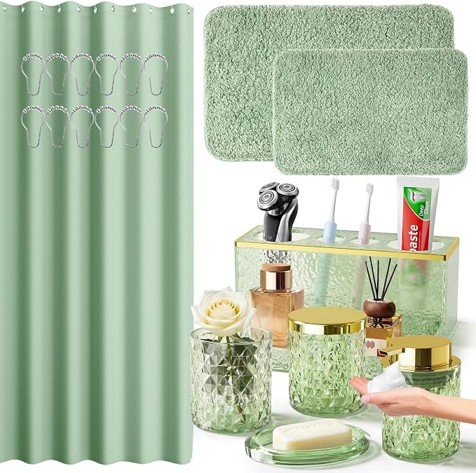 Bathroom Accessories Set - 20PCS Green Glass Bathroom Set with Shower Curtain and Rugs, Soap Dispenser, Soap Dish, Cup, Qtip Jar, Toothbrush Holder, Stylish & Functional Bath Decor for Home, Apartment