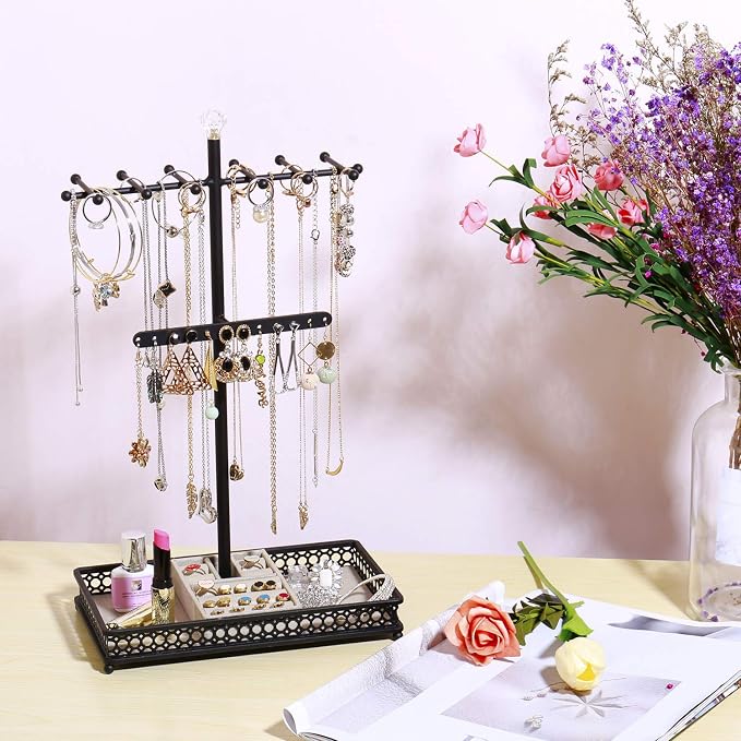 Meangood Jewelry Organizer Stand, 15.6" H Jewelry Tree Display Holder Stand for Bracelets Necklaces Earrings Rings, Gift for Women Girls (Black)