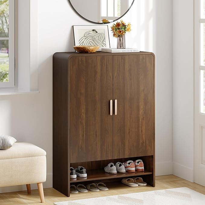 ONBRILL 6-Tier Shoe Storage Cabinet, 45'' Large Farmhouse Shoe Cabinet for Entryway, Modern Wooden Shoe Rack Organizer with Doors and Shelves, for Front Door Hallway (Walnut)