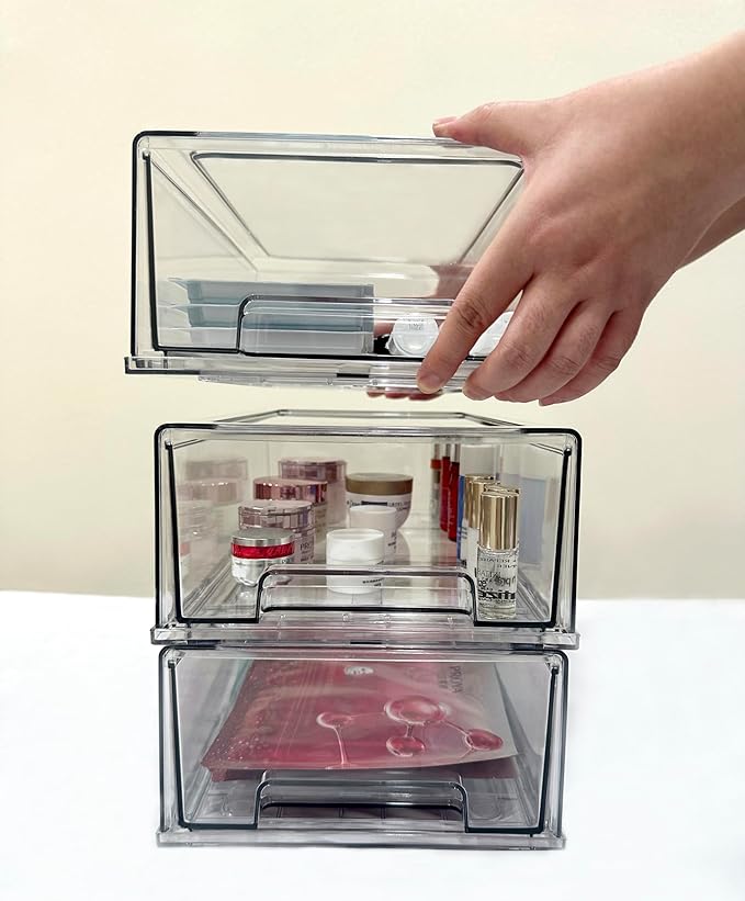 Stackable storage drawers, clear pull-out organizer with handles and non-slip pads for kitchen, refrigerator,office desktop, pantry and shelves, perfect for organization and storage (2 Pack, Large)
