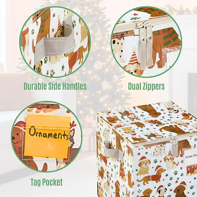VENO 2 Pack Christmas Ornament Storage Box, Stores up to 64 Holiday Ornaments, Adjustable Dividers, Zippered Top, Storage bins with lids for holiday decorations-3 Inch Cube Compartments (Holiday Pups)