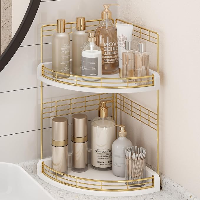 Bathroom Countertop Corner Organizer for Small Spaces, 2-Tier Counter Shelf | Oak Wood & Iron, Fan-Shaped Counter Shelf for Sink & Vanity Corners, Skincare, Toiletries, Compact Vertical Storage, White