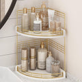 Bathroom Countertop Corner Organizer for Small Spaces, 2-Tier Counter Shelf | Oak Wood & Iron, Fan-Shaped Counter Shelf for Sink & Vanity Corners, Skincare, Toiletries, Compact Vertical Storage, White