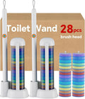 2-Pack Disposable Toilet Brushes and Brush Holder with Extended Handle, Includes 28 Cleaning Replacement Brush Heads for Cleaning Toilets, Bathrooms, and Bathtubs - Colored Refill Heads