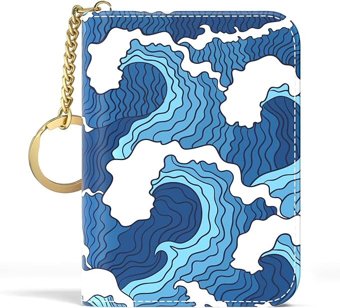 Aiawoxc Credit Card Holder, Small RFID Wallet Slim Leather Card Organizer Case with Zipper and Keychain, Japanese Wave02