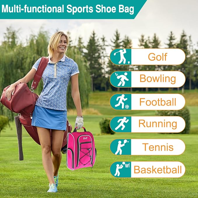 Wolt 2 Pcs Golf Shoe Bag for Travel- Zippered Shoes Carrier Bags with Ventilation & Double Outside Accessory Pocket for Socks, Tees, Golf Balls, Etc. for Women and Men (Grey+Pink)
