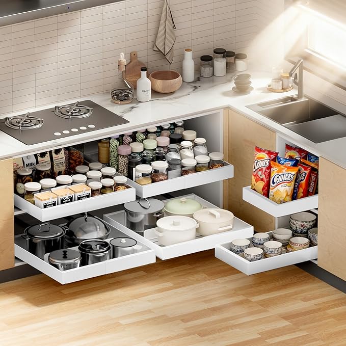 2 Pack Pull out Cabinet Organizer Expandable Width(12"-20") and 21"Depth, No Drill Adjustable Slide Out Drawers for Kitchen, Cabinets With 3 Slide Rails,Magnetic Panel, Adhesive Roll out Shelves