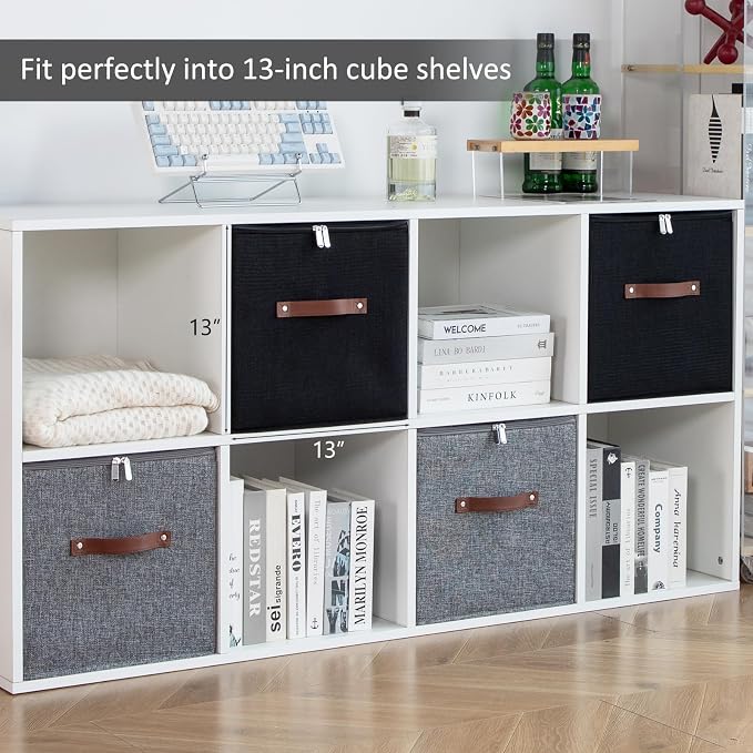 4PCS Large Storage Cubes with Zippered Lids 3 PU Leather Handles | Fabric Storage Bins Boxes Cotton Linen Decorative Foldable Washable Lidded Shelf Closet Organizer Container (Gray, 13 Inch)