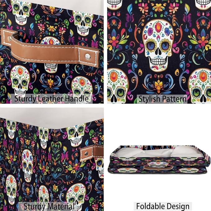 TropicalLife Flower Skull Storage Cube, 13 Inch Fabric Cube Storage Organizer Bin for Shelves Clothes, Decorative Foldable Storage Boxes