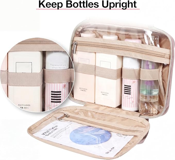 BAGSMART Toiletry Bag Hanging Travel Makeup Organizer with TSA Approved Transparent Cosmetic Bag Makeup Bag for Full Sized Toiletries(Coffee Brown)