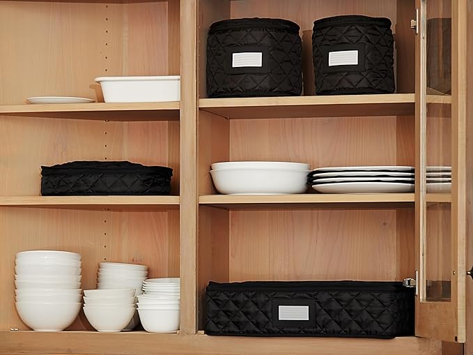 Covermates Keepsakes Dish Storage Case – Padded China & Dinnerware Organizer, Quilted Polyester Protection, ID Window, Zipper Closure, Machine Washable, Black
