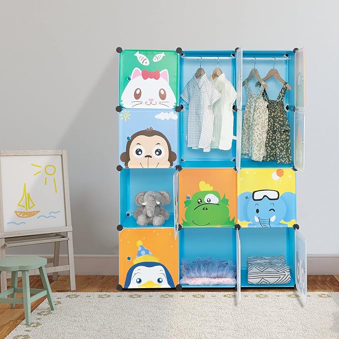 12 Cubes Storage Organizer,Portable Closet Wardrobe,Plastic Clothes Storage Shelves,Modular Bookcase Closet Cabinet,with Doors,for Kitchen, Bedroom, Playroom, Living Room, Office, Dorm (Blue)