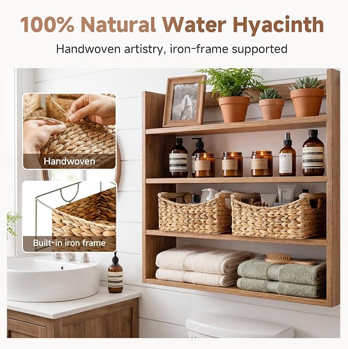 StorageWorks Wicker Baskets for Organizing, Water Hyacinth Storage Baskets with Handles, Woven Baskets for Pantry Storage, 13" x 8¼" x 7", 2-Pack