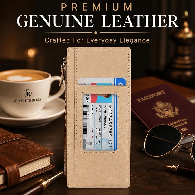 Leatherboss Genuine Leather Women's All in One Credit Business Card Case Holder Slim Zipper Wallet With a Card Protection Strap, Beige