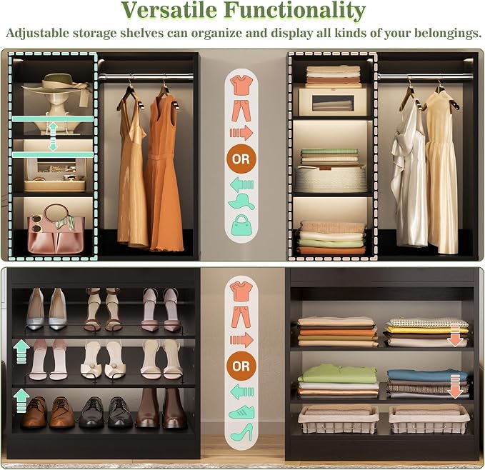 Besiost Closet System, 55.5"/4.6 FT Closet Organizer System with Drawers and Shelves, Walk-in Closets Systems for Small Closets, Free Standing Reach in Closet Tower, Load 1200+LBS, Black 2 Pack