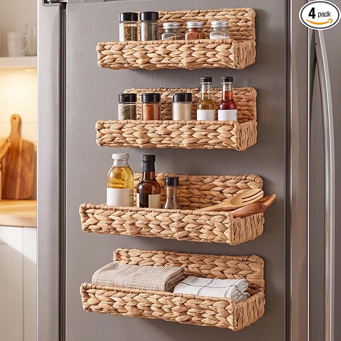 Lineshading 4 Pack Water Hyacinth Magnetic Spice Rack for Refrigerator, Magnetic Shelf for Fridge, Spice Rack, Woven Water Hyacinth, Rustic Boho Kitchen Organizer
