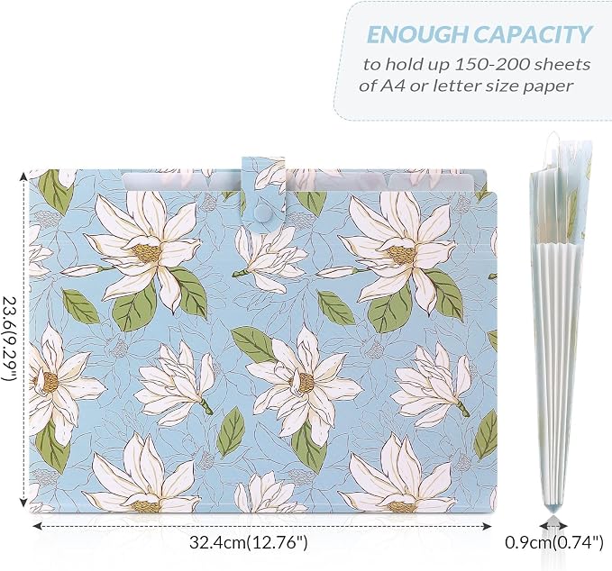 SKYDUE Accordion File Organizer, Floral Expanding File Folders with 5 Pockets, Cute Document Organizer for Paper Bills Receipt Storage, School Office & Hospital Supplies Letter/A4 Size Sky Blue