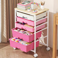 Goovilla Rolling Cart with Drawers, Utility Cart Organizer with 5 Removable Drawers and Wooden Tabletop, Lockable Rolling Storage Organizer for Art, Classroom, Home, Dorm, Office, Craft Storage, Pink