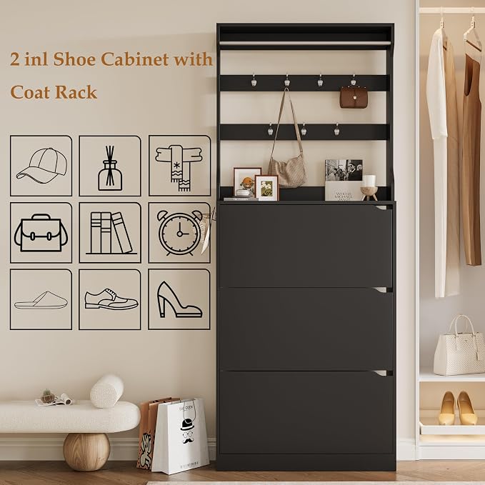 Wodeer Tall Shoe Cabinet with Coat Rack, Hidden Shoe Storage Cabinet with Doors & Drawer, Hanging Bar & Hooks, Slim Narrow Freestanding Shoe Rack Organizer for Entryway, Hallway & Living Room, Black