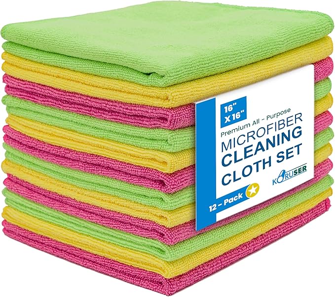 Microfiber Cleaning Cloths - Reusable and Washable - Multi Purpose Indoor/Outdoor Cleaning/Dusting/Polishing on Kitchen/Bathroom/Auto Surfaces (12 Pack/High Grammage)