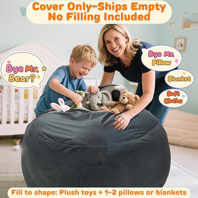 Lukeight Stuffed Animals Storage Bean Bag Chair Cover Only (Ships Empty, No Filling) - Velvet YKK Zipper Beanbag Cover for Big Kids and Teens, Washable Plush Toy Organizer, XX-Large 36" D x 20" H