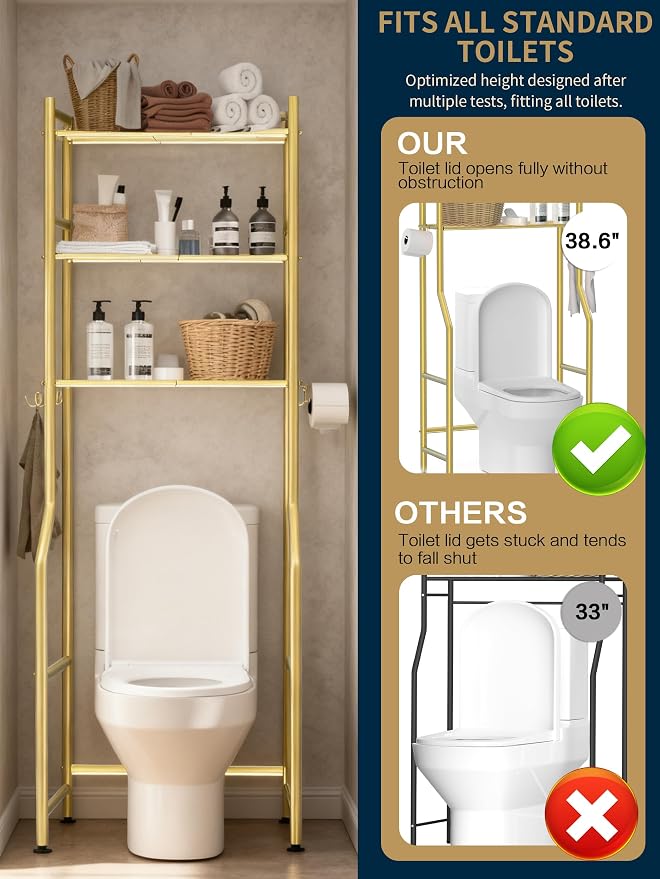 3-Tier Over The Toilet Storage, Freestanding Metal Bathroom Organizer with 4 Hooks & Anti-Tilt Kits, Heavy Duty Space Saver Shelf for Bathroom/Kitchen/Living Room, Gold