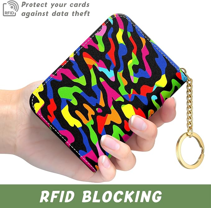Aiawoxc Credit Card Holder, Small RFID Wallet Slim Leather Card Organizer Case with Zipper and Keychain, Abstract Rainbow Art