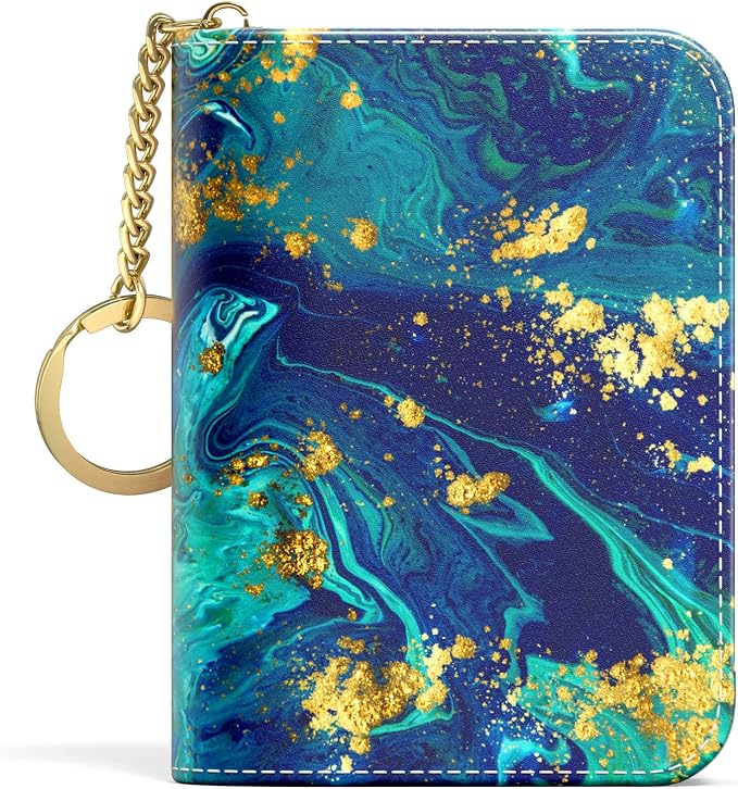Aiawoxc Credit Card Holder for Women, Small RFID Wallet Slim Leather Card Organizer Case with Zipper and Keychain, Ocean Marble