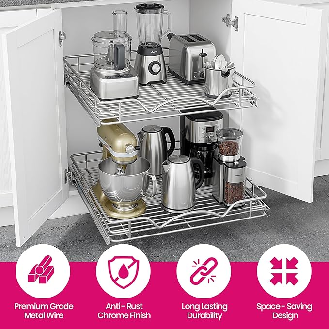 2-Tier Pull-Out Cabinet Organizer with Heavy-Duty Steel Frame, Full-Extension Sliding Shelves, Holds 100 lbs, Easy Install for Kitchen, Pantry & Under Sink Cabinets, 22" W x 21”D x 16.5" H